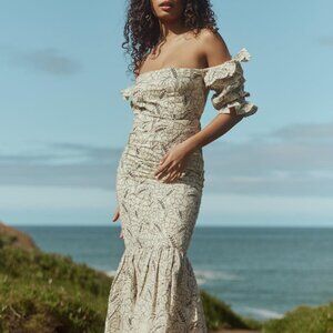 Maggie Embroidered Puff Sleeve Dress - Sand/Moonless Night Floral Outline Embroi